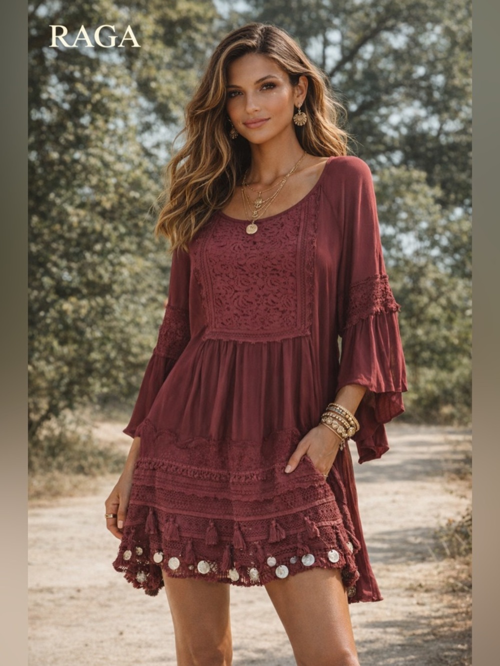 NWT,Raga,Gold Coins Embellish the Bottom, Burgundy Lace Dress,Size M
